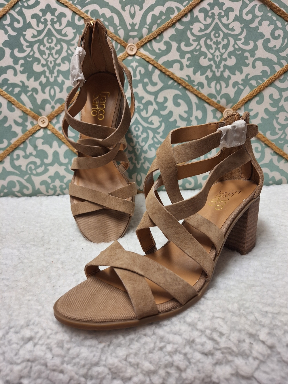 Franco Sarto Tan Suede Strappy Block Heel Sandals 7